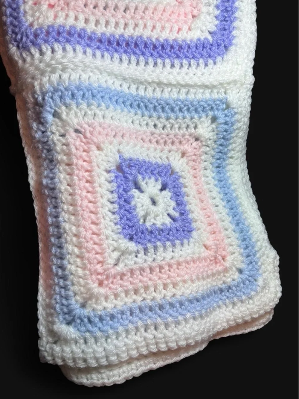 Handmade Crochet Granny Square baby Blanket - White, Pink, Purple & Blue 41x32